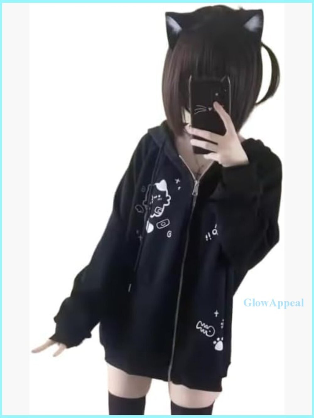 Oversized Zip-Up Hoodie with Cat Ear Hood and Cartoon Graphic